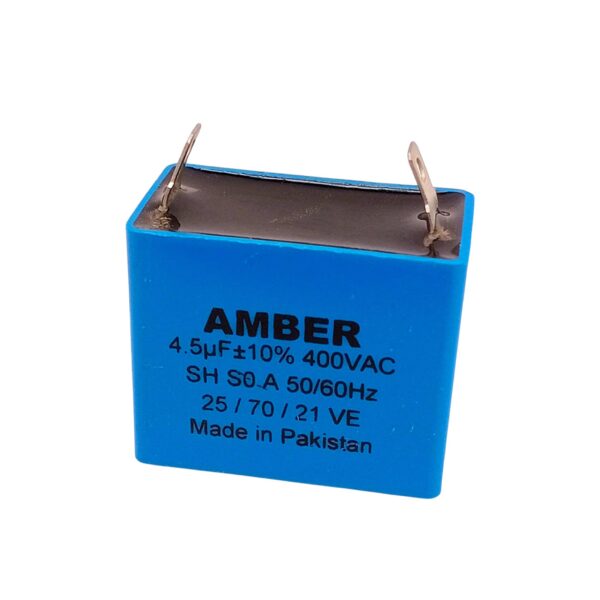 Amber 4.5µF 400V Capacitor – Ideal for Pedestal Fans & Motors 1  Electric Market Pakistan