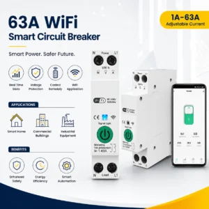 WiFi Smart Circuit Breaker 63A – DIN Rail | Tuya, Alexa & Google Assistant