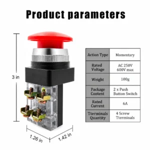 Mushroom Head Push Button Switch 38mm 1NO+1NC, 6A, AC 600V