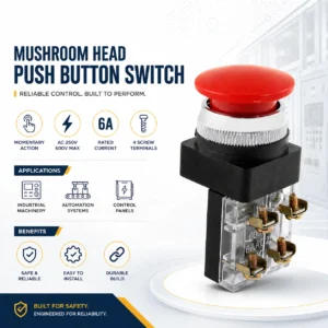 Mushroom Head Push Button Switch 38mm 1NO+1NC, 6A, AC 600V