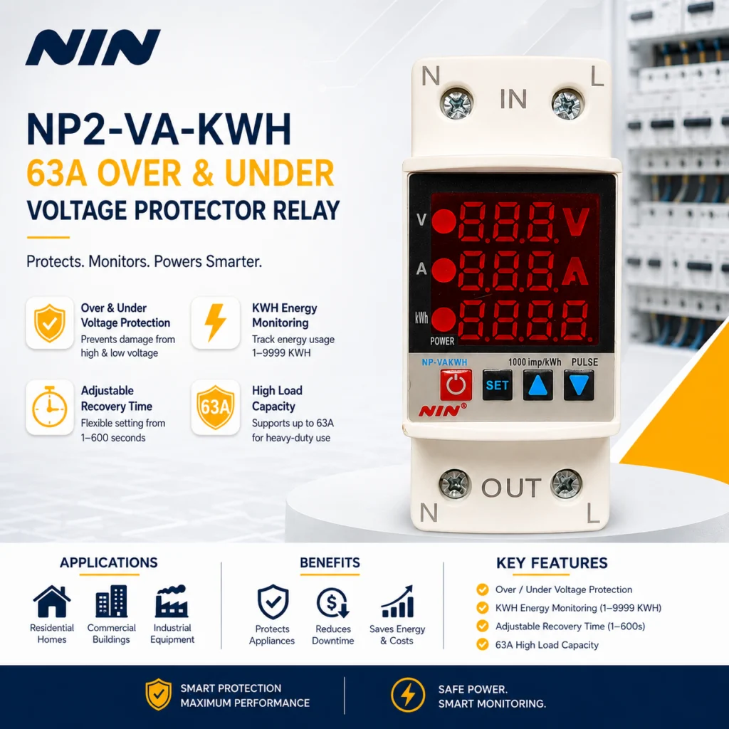 NIN NP2-VA-KWH 63A Over and Under Voltage Protector Relay with Energy Monitoring