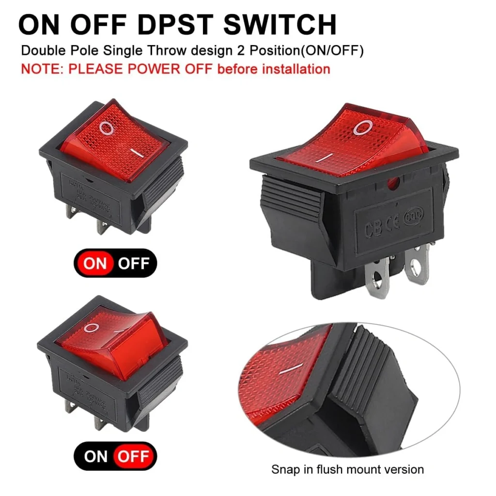 ON/OFF Rocker Switch - DPDT, 4-Pin, AC 250V/15A, with Indicator Light