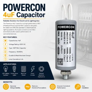 Powercon 4uF Capacitor 450V AC MKP Capacitor for Electrical & Lighting Applications
