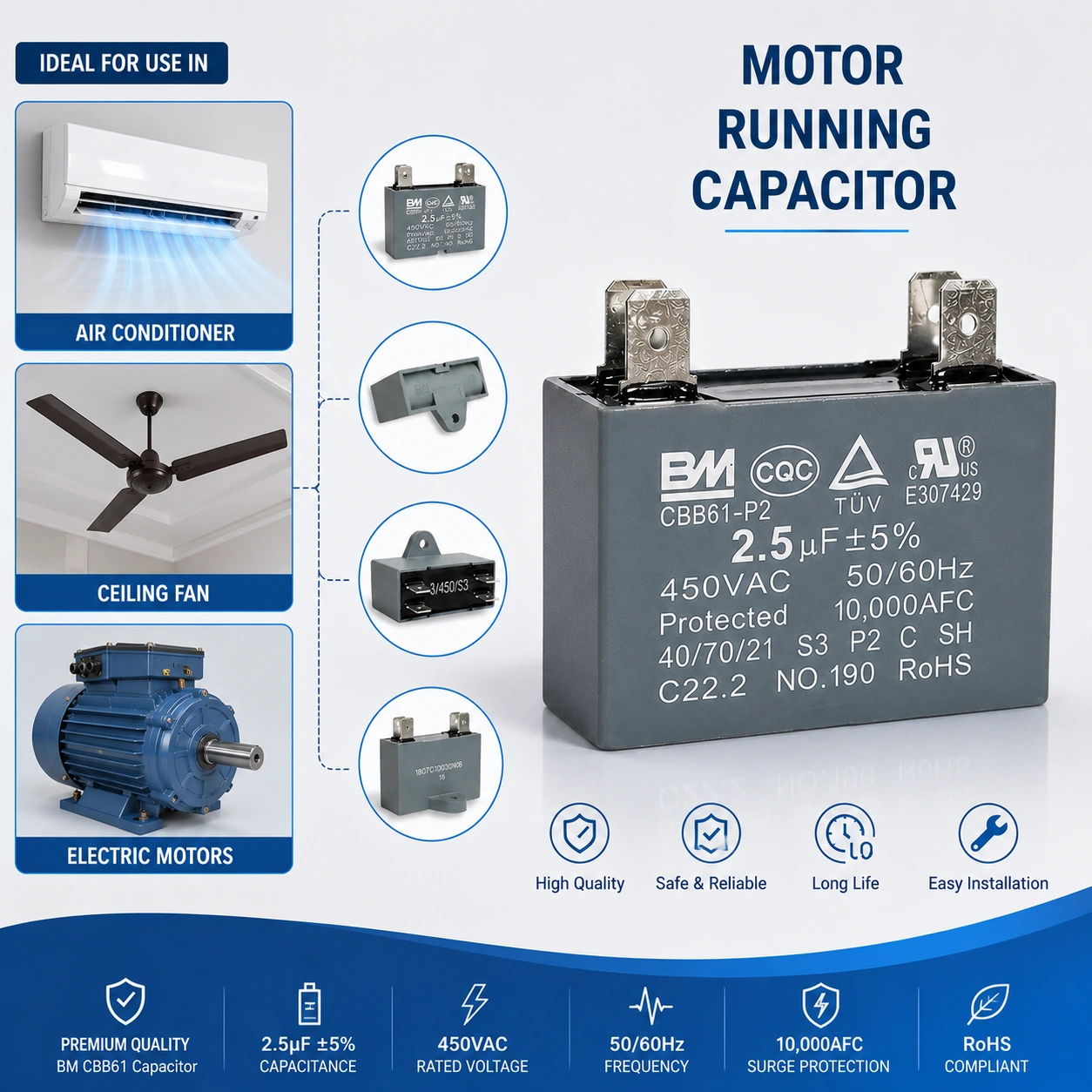 2.5uF 450V AC Motor Run Capacitor – Premium Quality for Ceiling Fans & Air Conditioners 2.5uF 450V AC Motor Run Capacitor – Premium Quality for Ceiling Fans & Air Conditioners