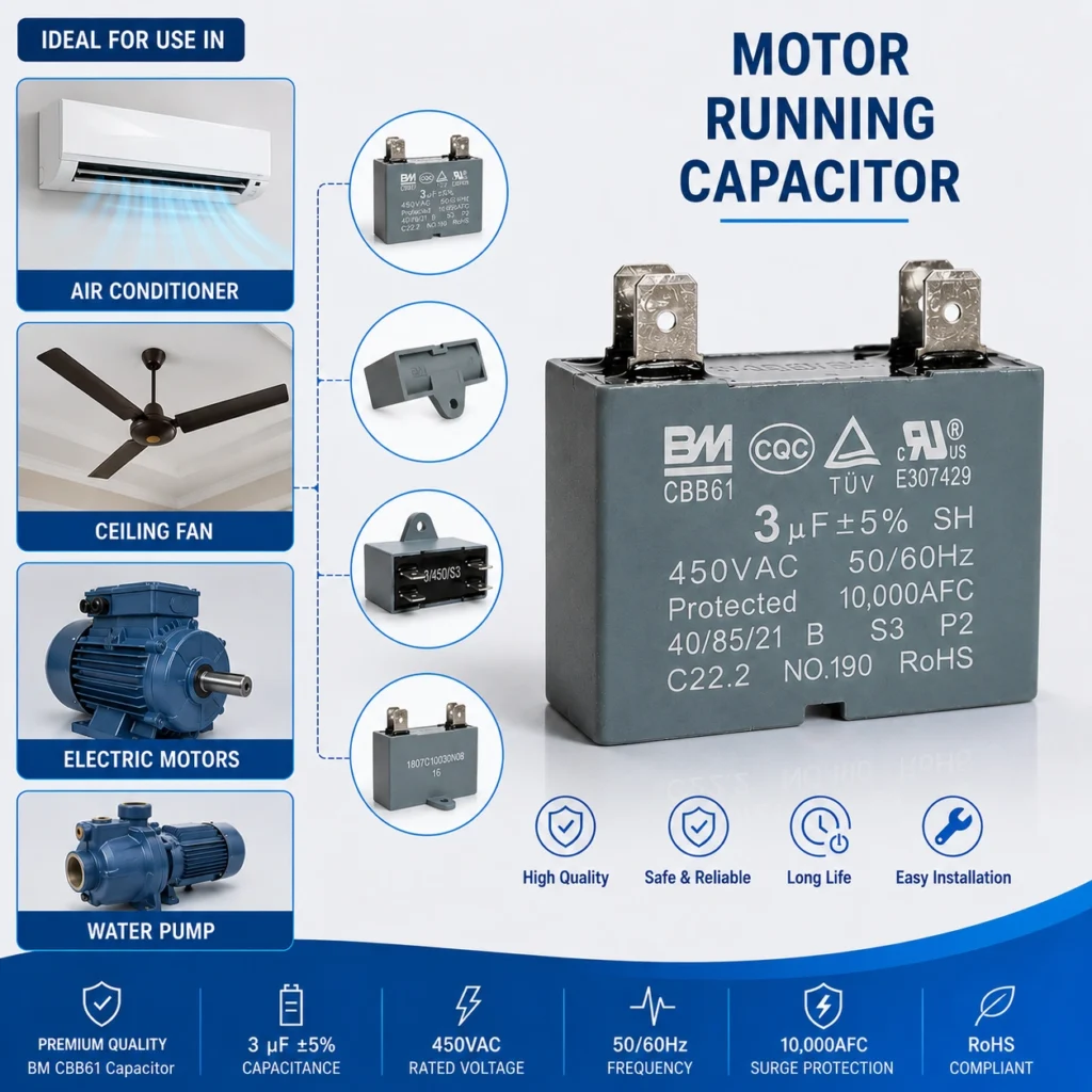 3uF 450V AC Motor Run Capacitor – Premium Quality for Ceiling Fans & Air Conditioners