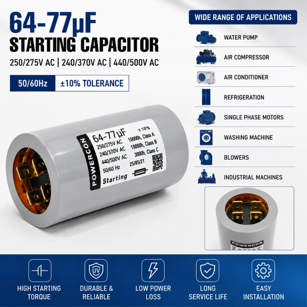 64-77uF Starting Capacitor 250/275V, 240/370V, 440/500V AC | Motor Start Capacitor