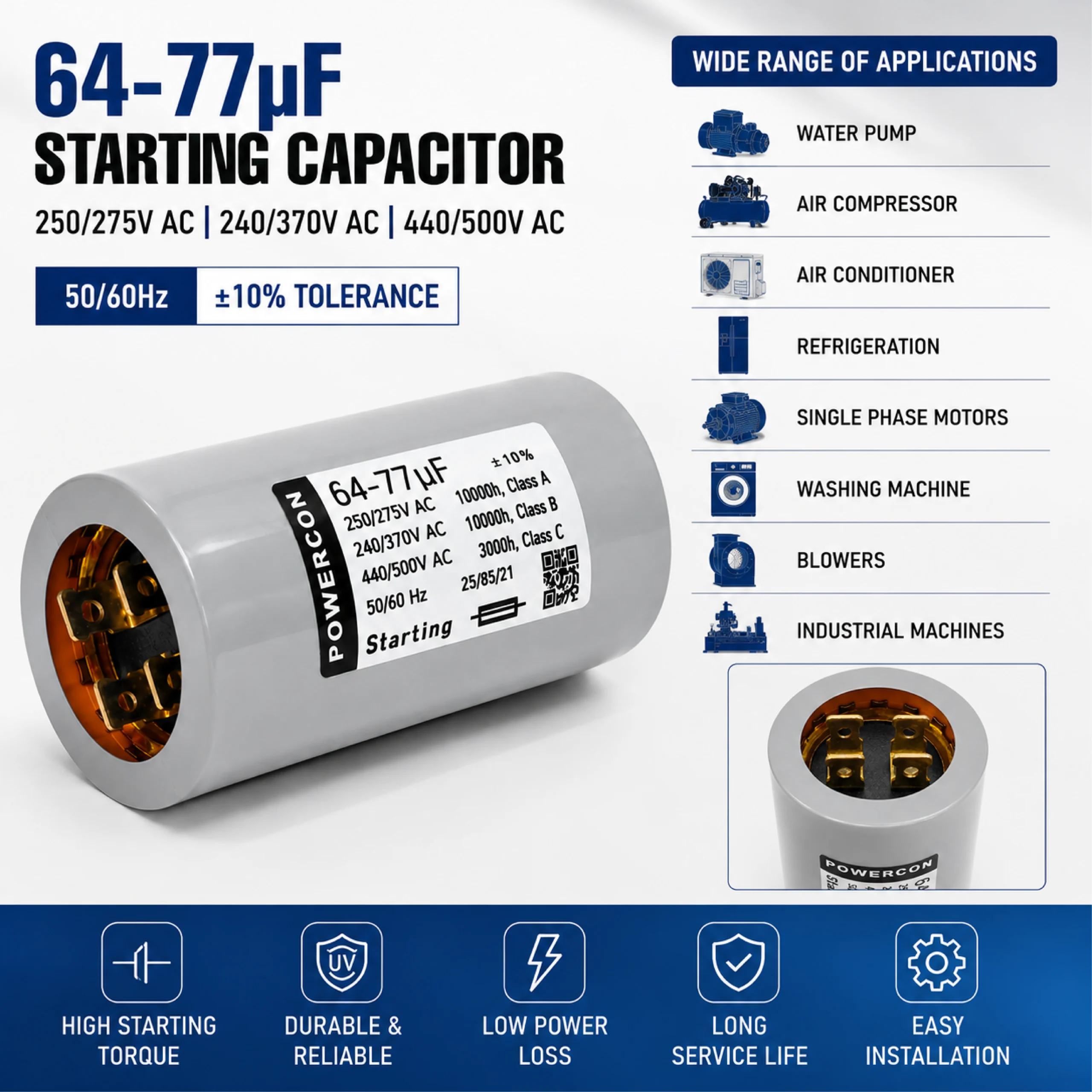 64-77uF Starting Capacitor 250:275V, 240:370V, 440:500V AC | Motor Start Capacitor 0 64-77uF Starting Capacitor 250/275V, 240/370V, 440/500V AC | Motor Start Capacitor