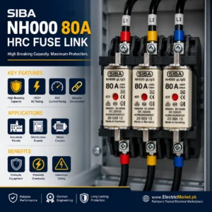 Original SIBA NH000 80A 500V HRC Fuse Link – 120kA High Breaking Capacity Industrial FuseOriginal SIBA NH000 80A 500V HRC Fuse Link – 120kA High Breaking Capacity Industrial Fuse